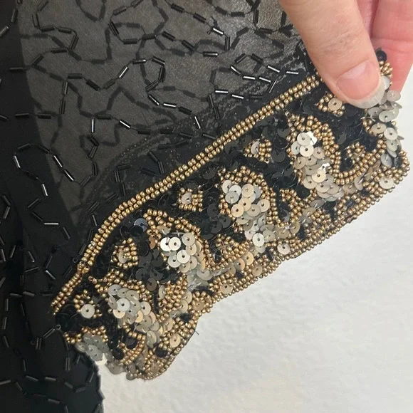 Vintage Cache Silk Beaded Dress Size 12 Black Gold Formal Party Cocktails  Dressy